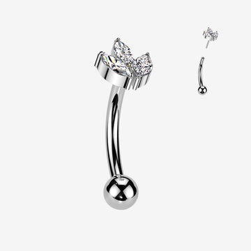 Implant Grade Titanium OneFit Threadless Marquise Flower Sparkle Top Curved Barbell-Clear Gem